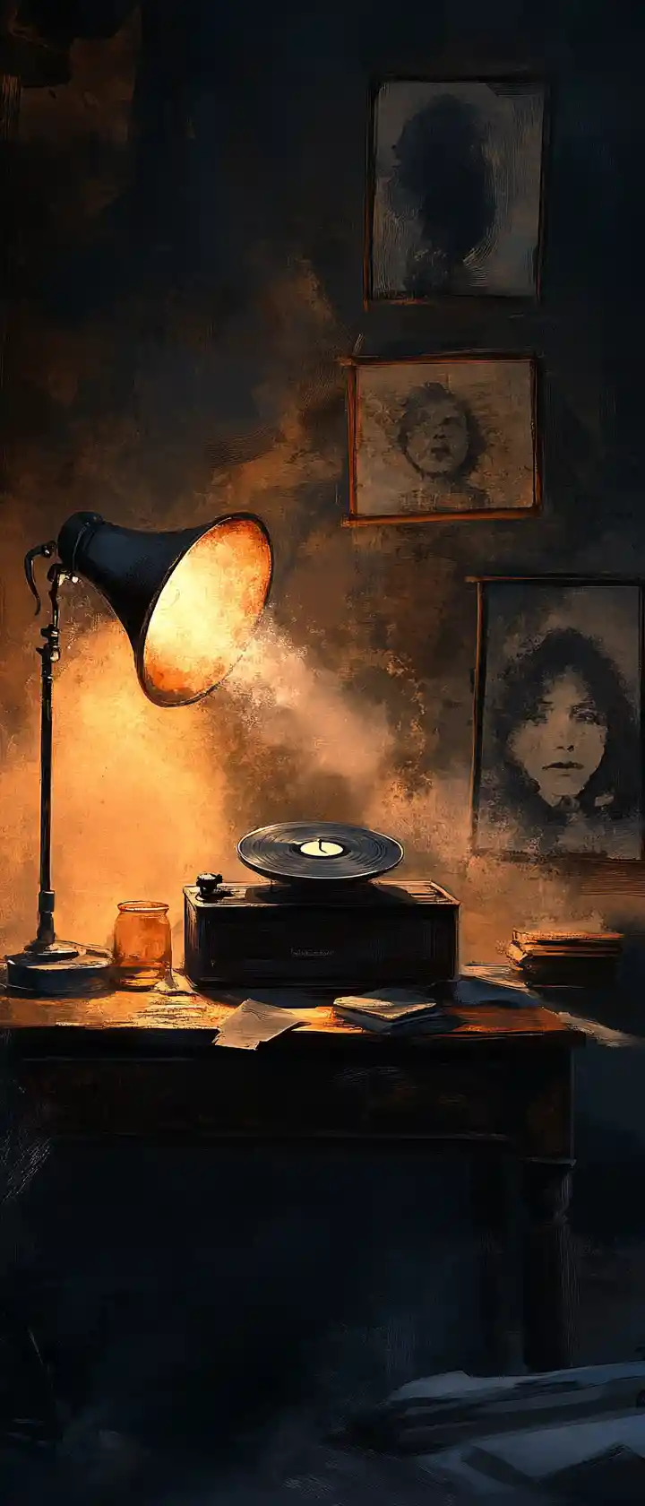Antique gramophone on a dusty desk in chiaroscuro light