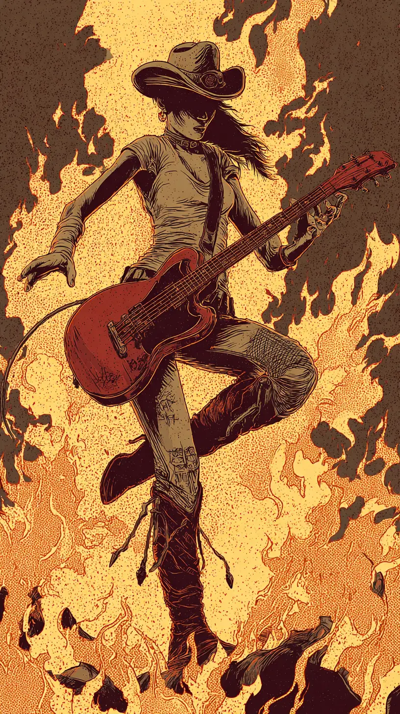 Cowgirl guitarist kneeling in flames with rock fantasy vibe