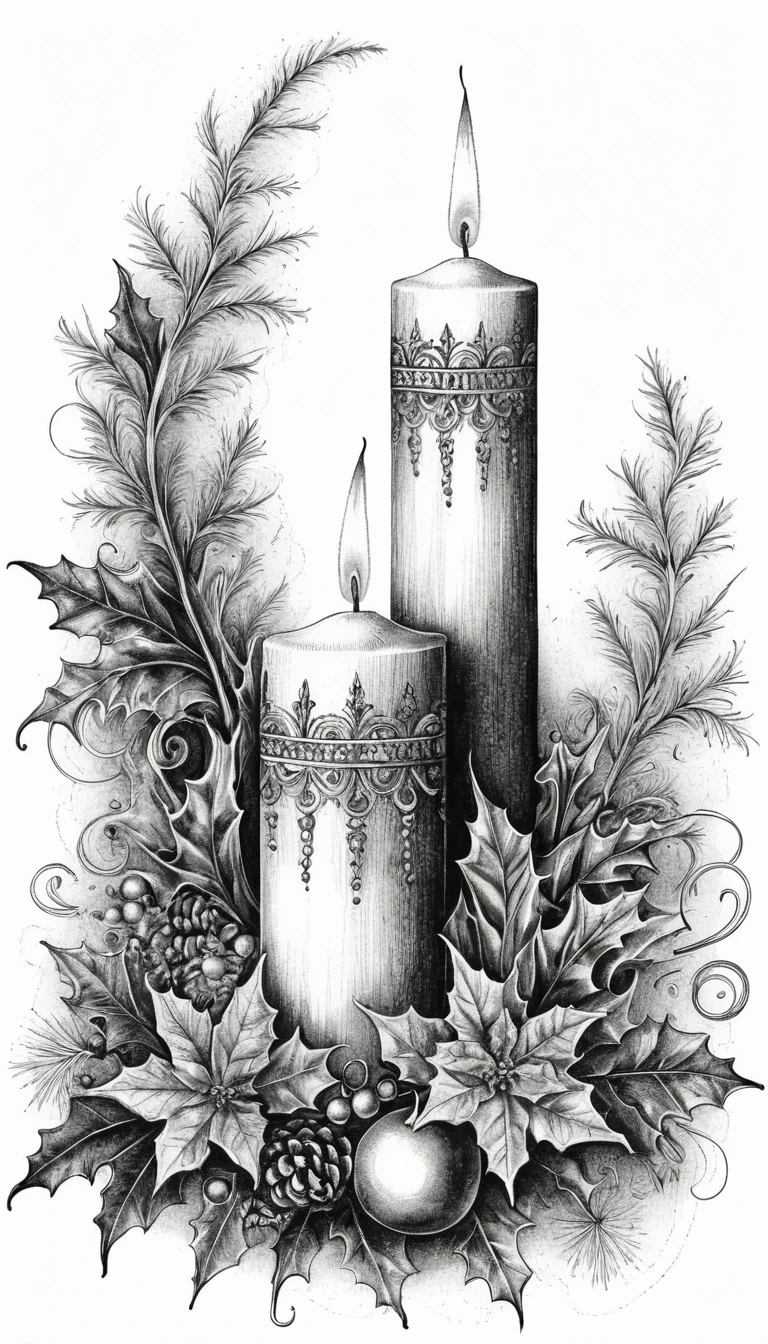 Illustration détaillée de bougie à l’encre noire et blanche