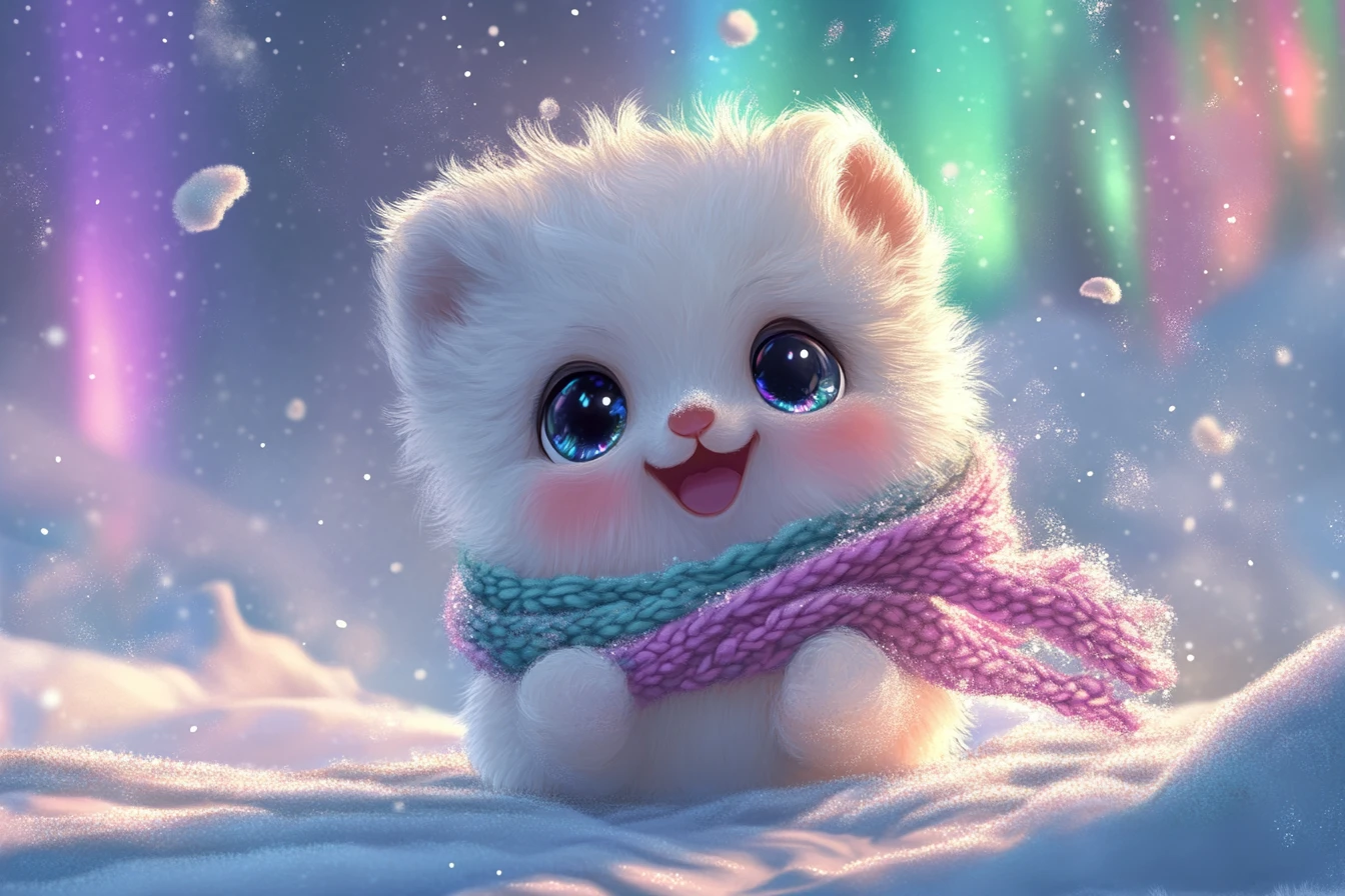 Kawaii baby lemming in scarf on sparkling snowy tundra
