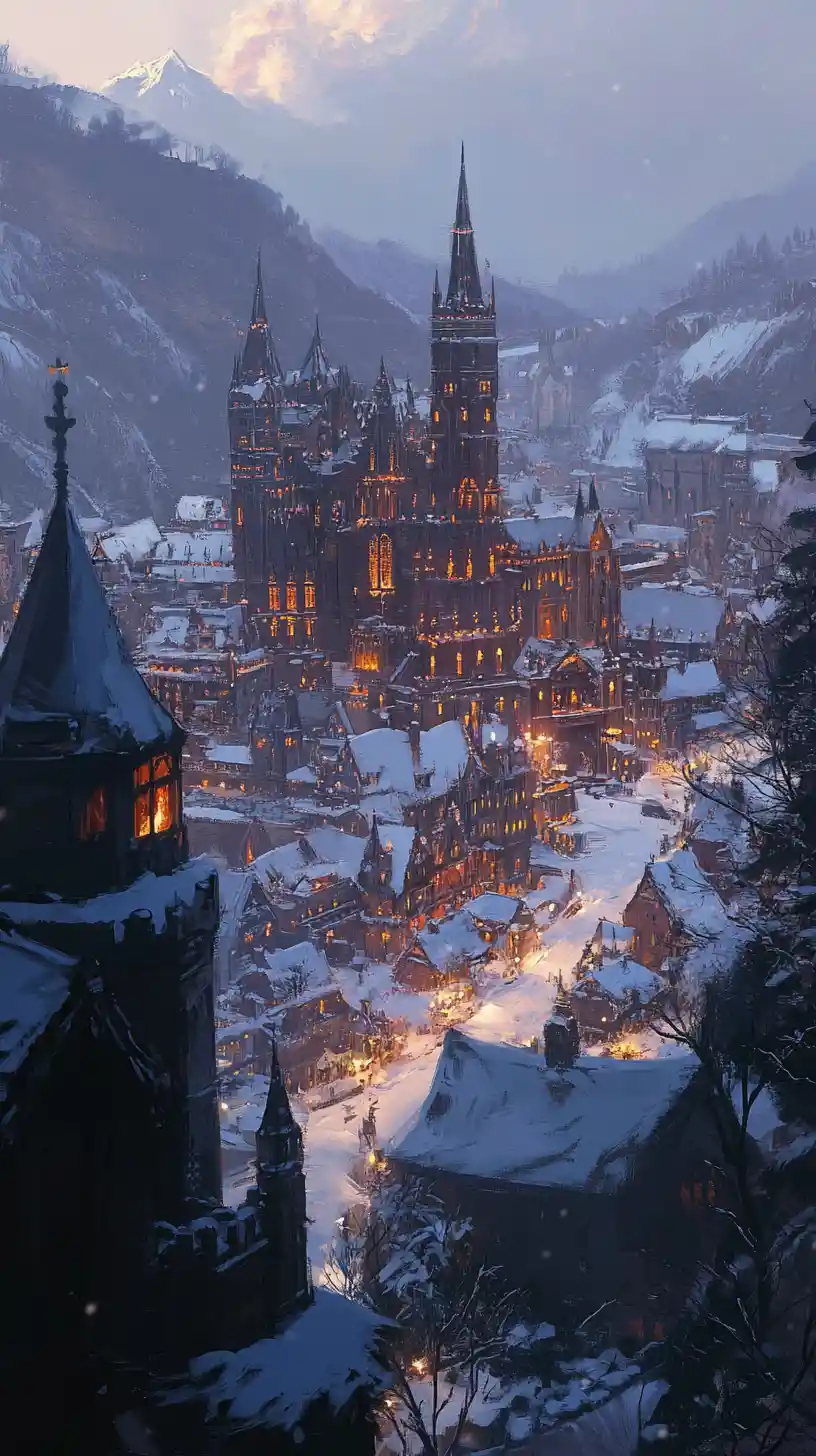 Medieval castle and marching army under a winter night sky