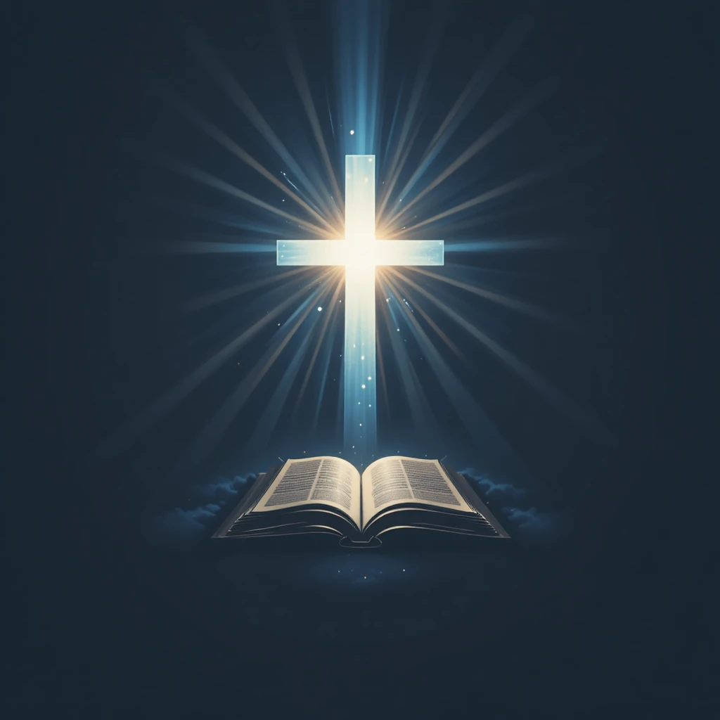 Logo minimaliste de croix dorée avec Bible ouverte lumineuse
