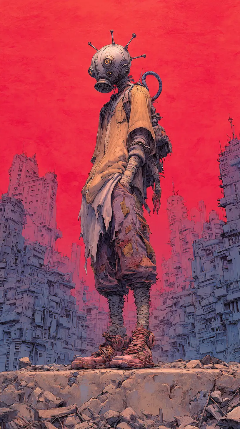 Skinny Man In Alien Dystopian City At Night
