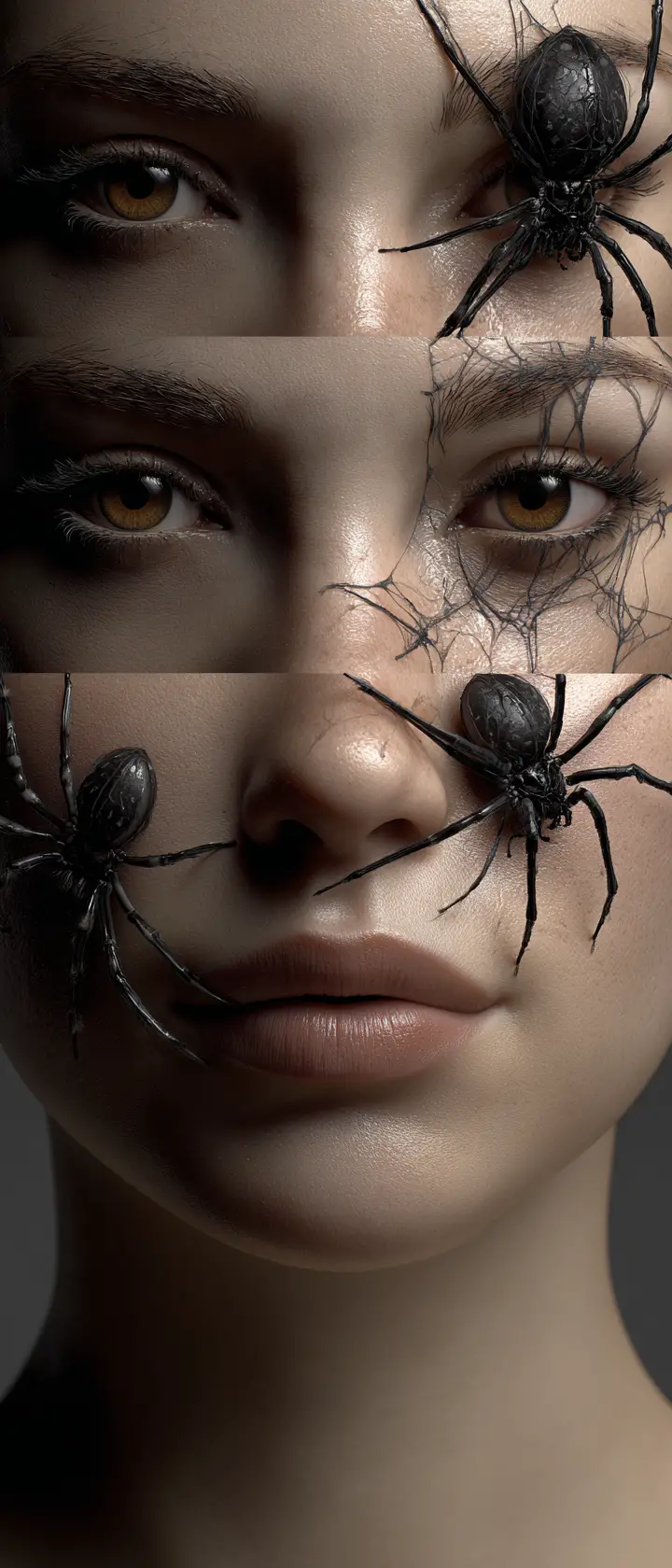 Visage féminin surréaliste formé d’araignées dans un monde dystopique