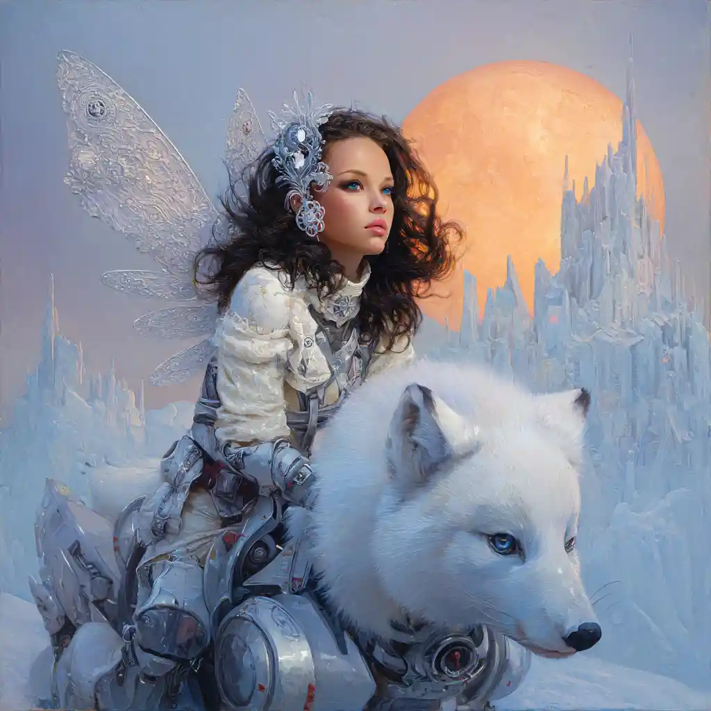 Cyberpunk winter fairy riding a robotic polar fox