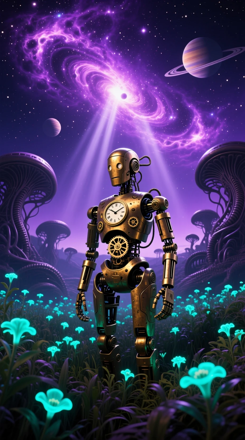 Brass automaton in glowing alien field under nebula sky
