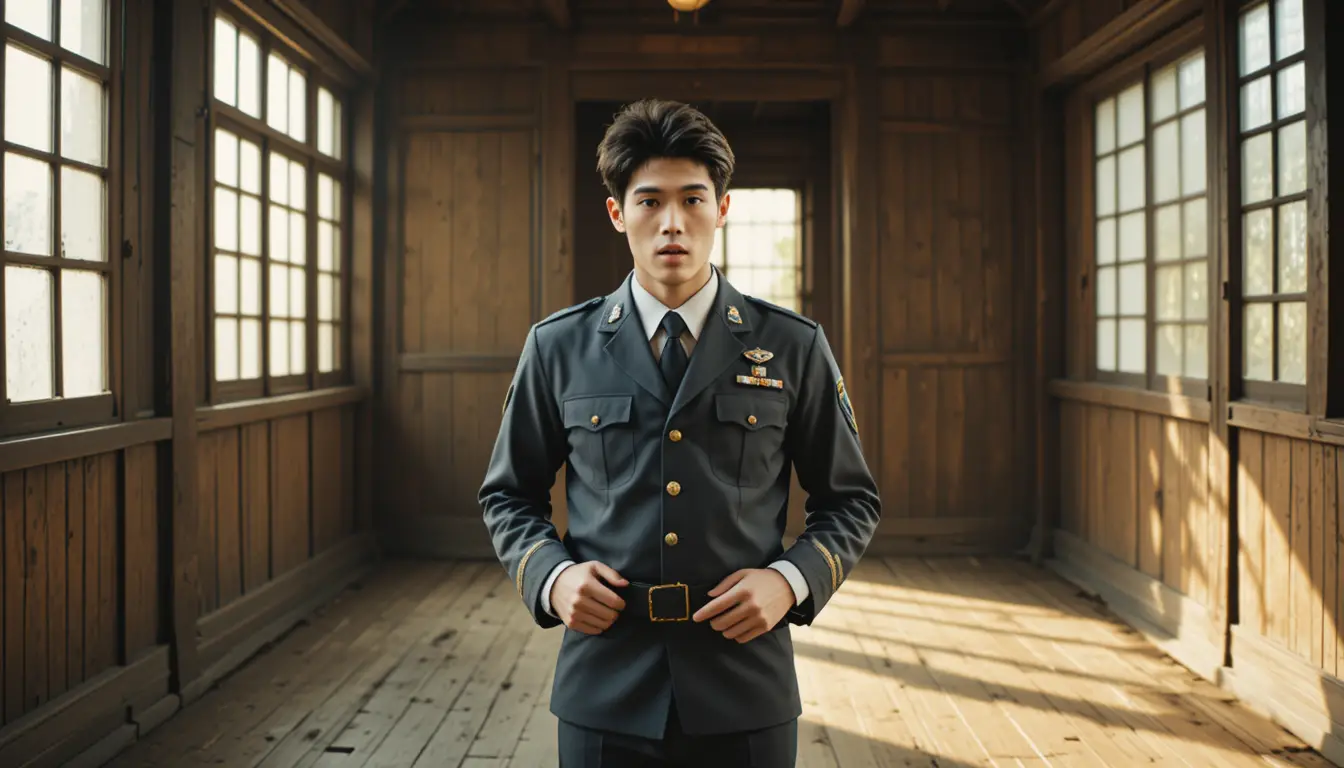 Young policeman in warm light inside old Taiwanese house