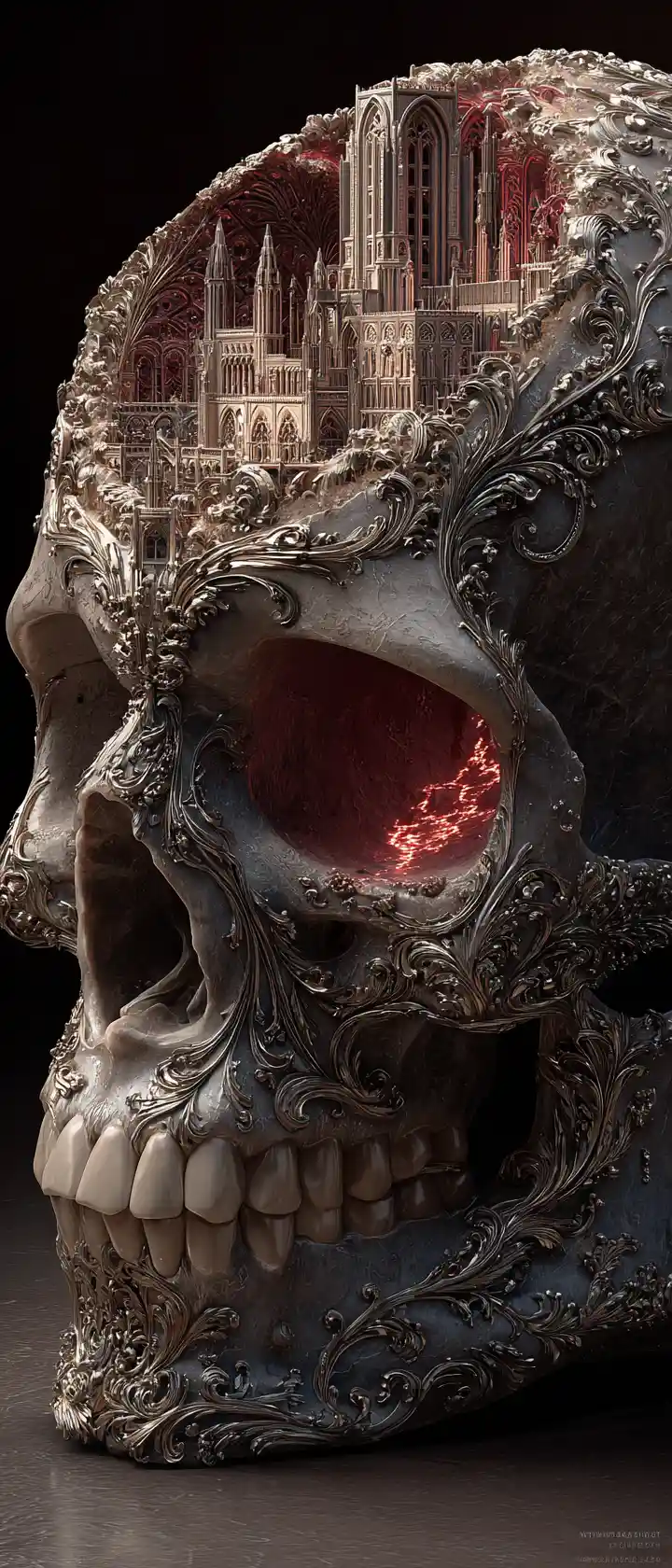 Baroque Skull With Gothic Cathedral And Molten Red Interior