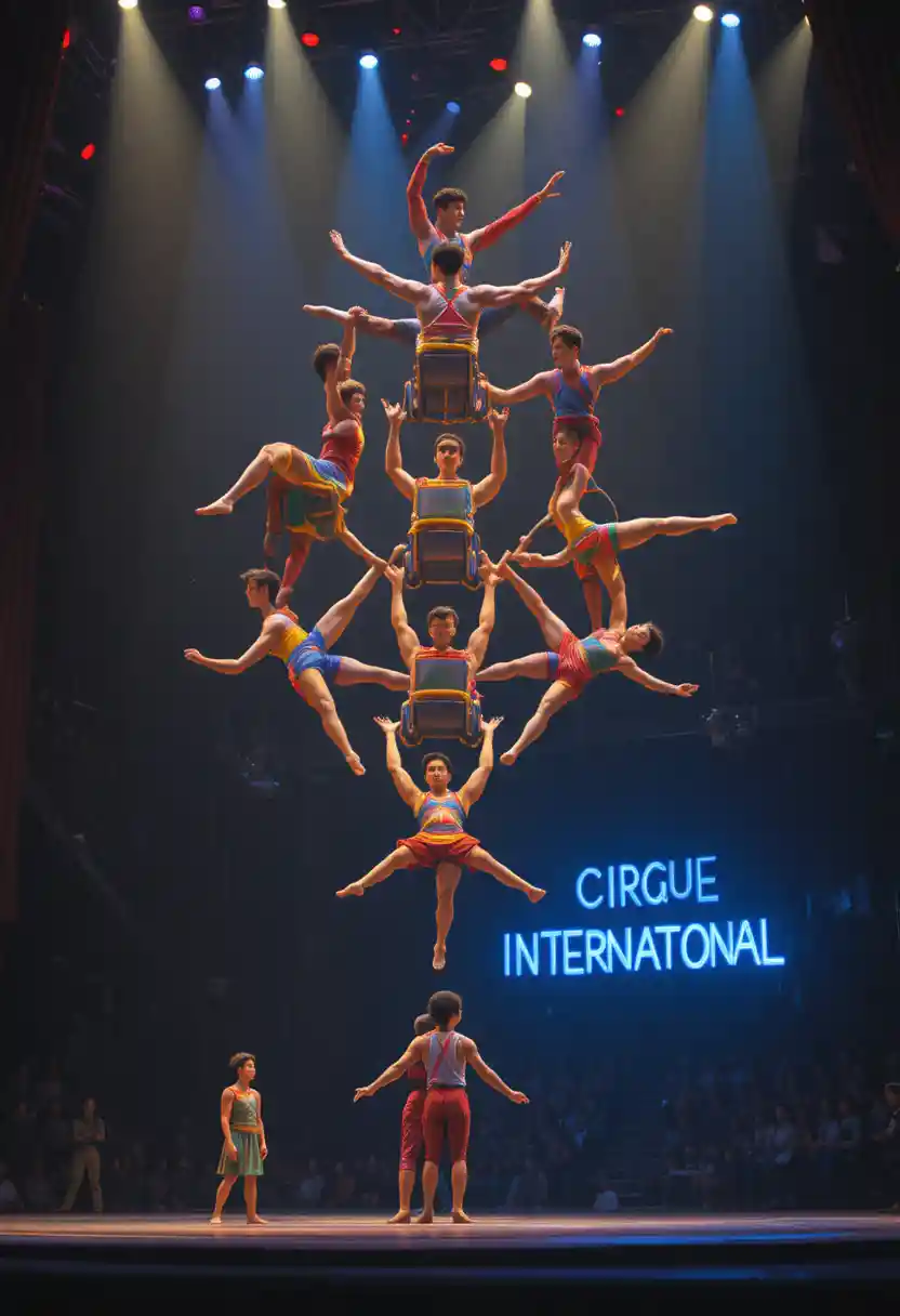 Acróbatas equilibrándose sobre sillas apiladas en un espectacular show de circo