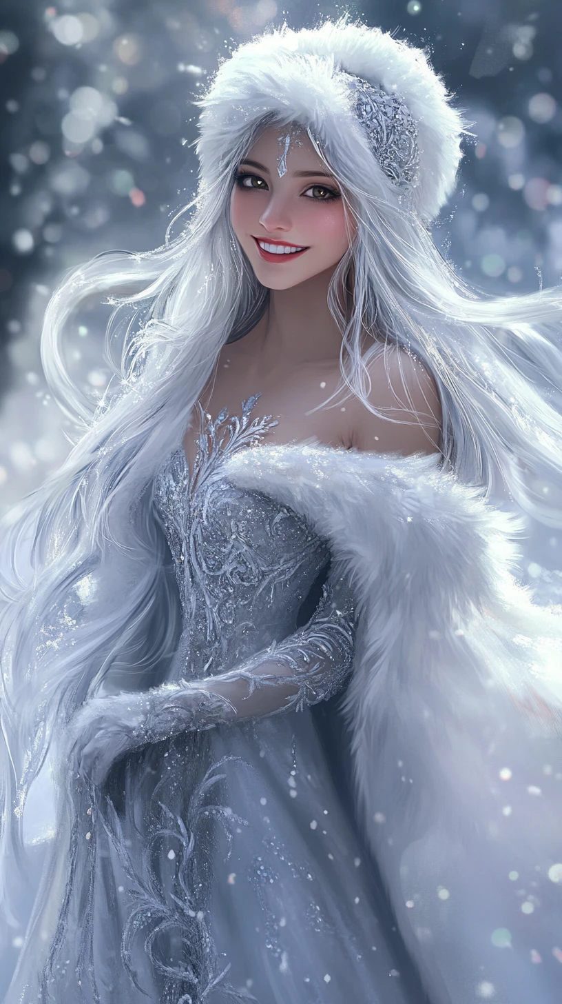 Elegante silberhaarige Frau in funkelndem Winterkleid