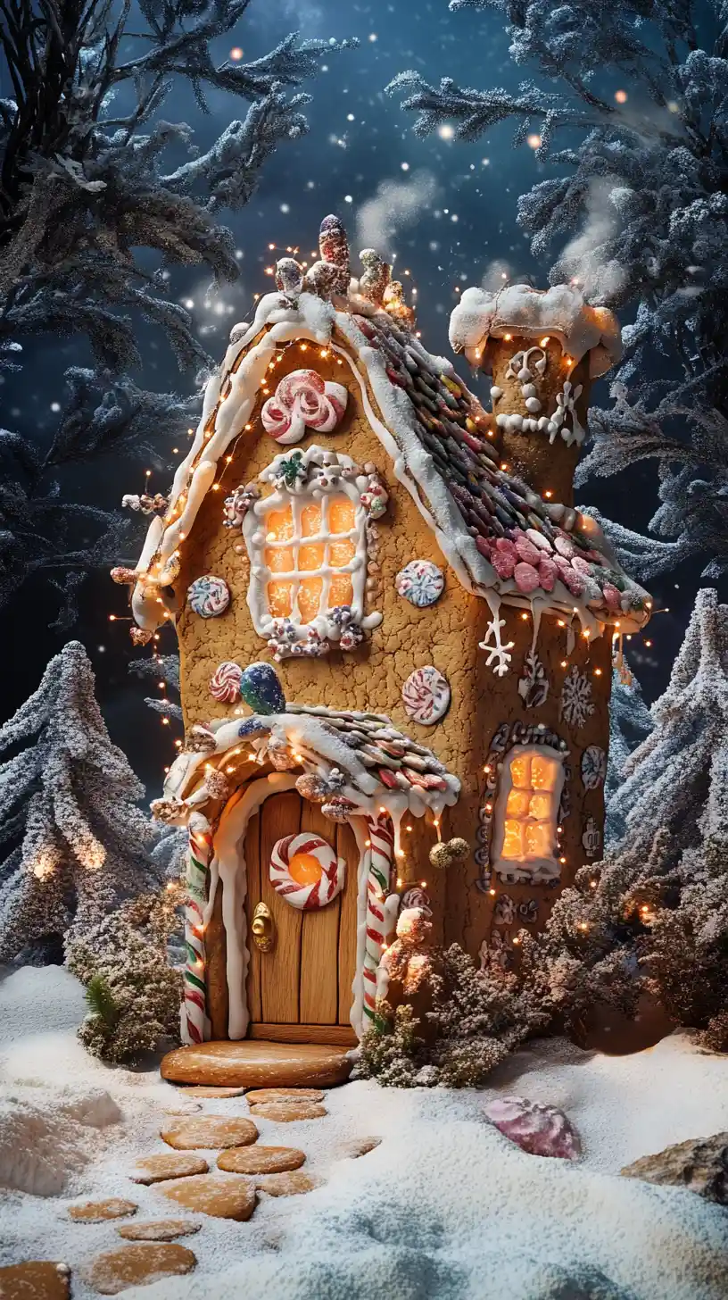 Whimsical gingerbread house in a snowy winter forest