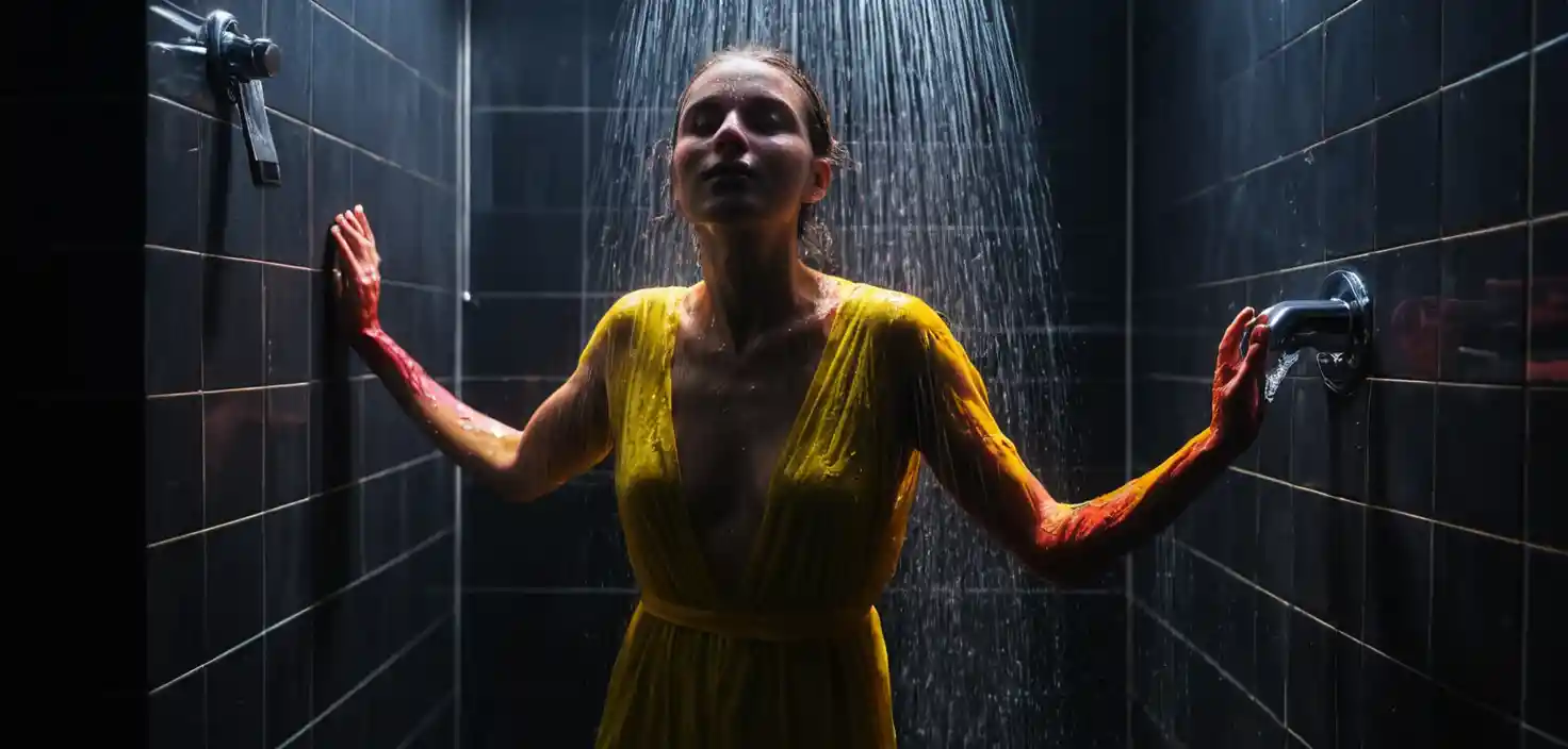 Curvy young woman showering above glowing molten lava