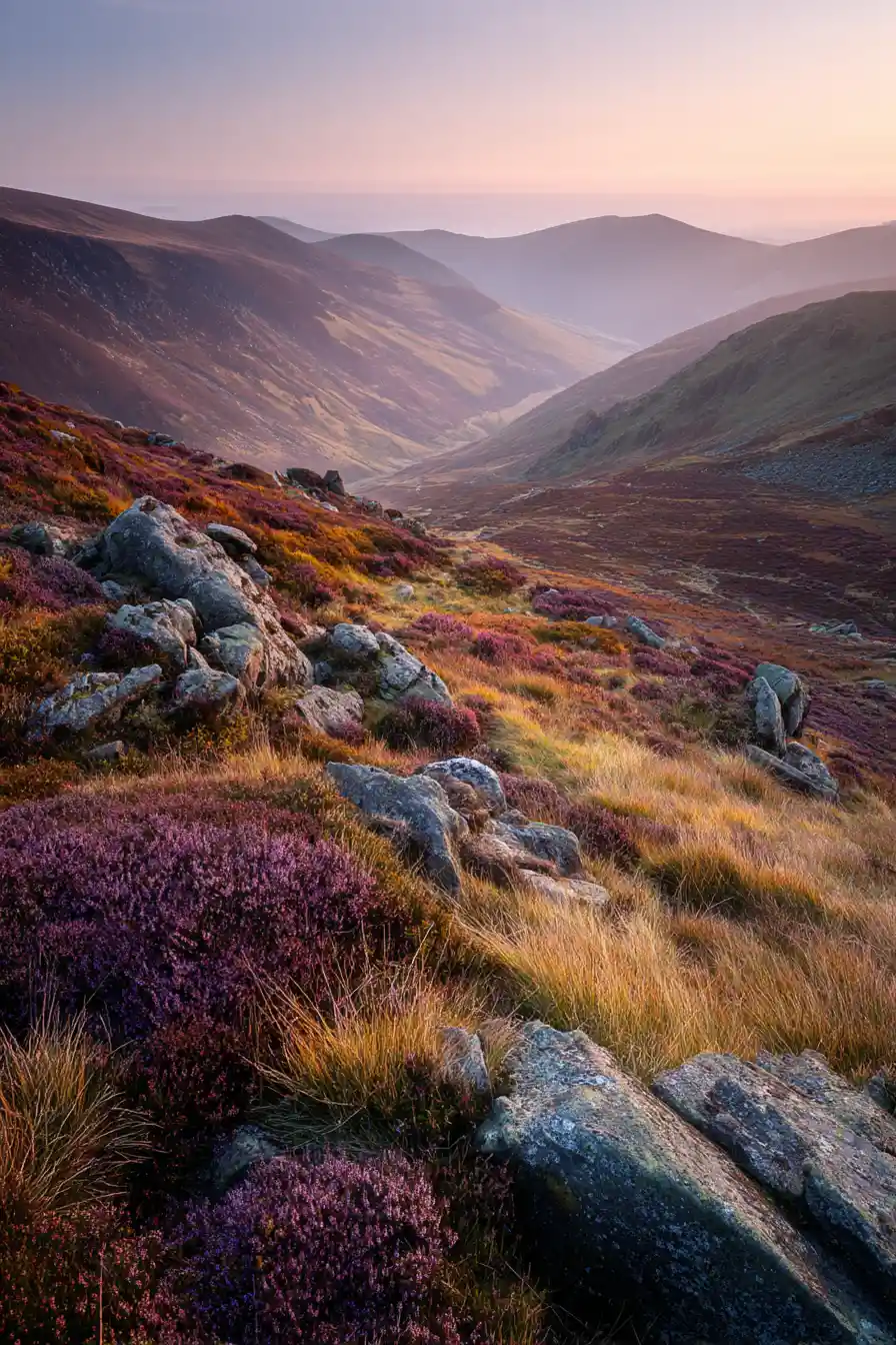 Dusky purple moorland at sunrise with soft winter mist