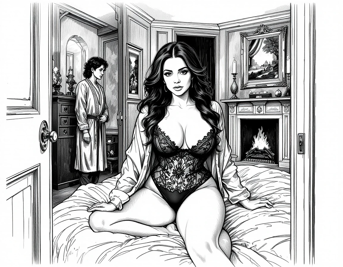 Glamorous brunette woman in lingerie at a bedroom door