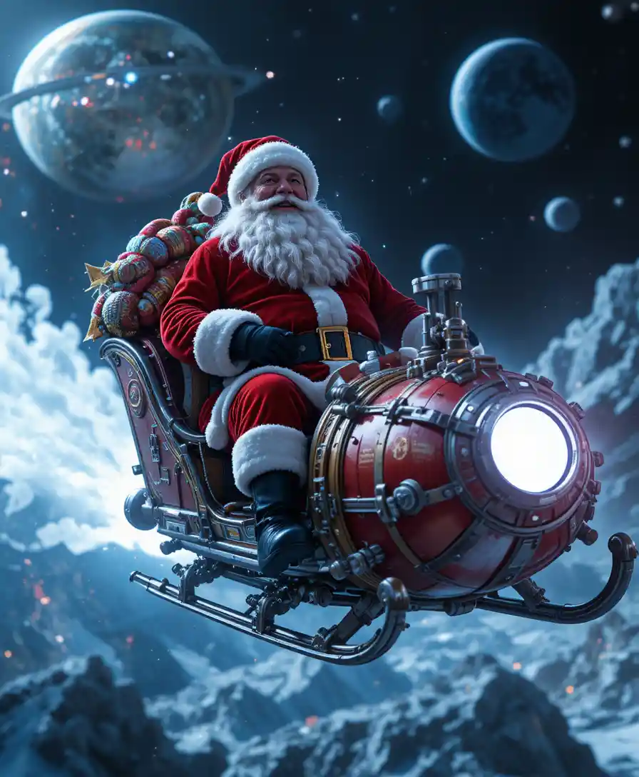 Papá Noel futurista volando por el espacio profundo