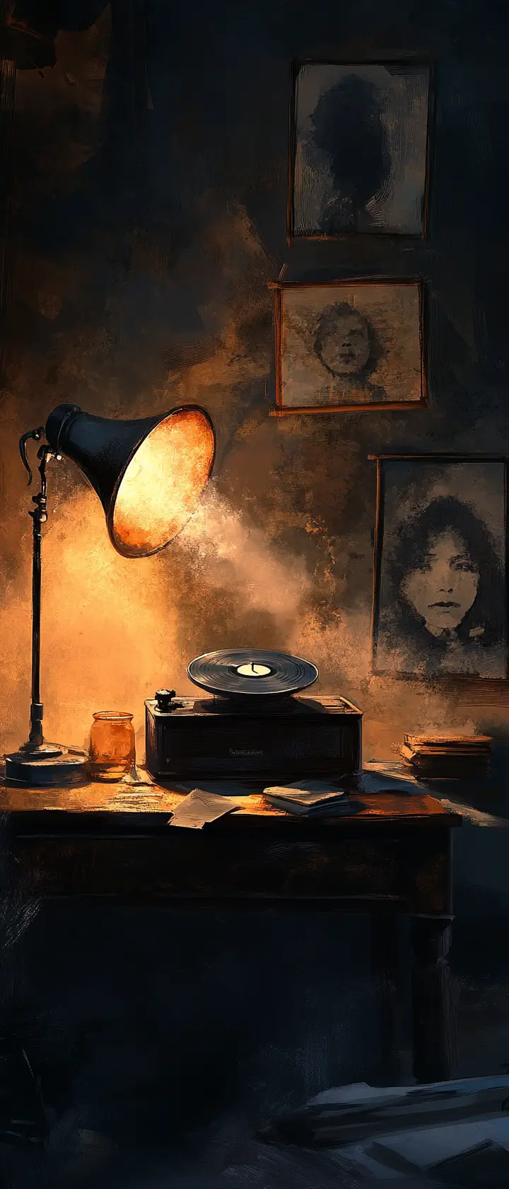 Antique gramophone on a dusty desk in chiaroscuro light