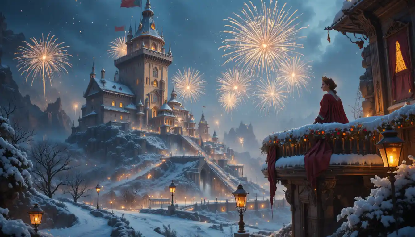 Reina contemplando fuegos artificiales sobre un castillo invernal resplandeciente