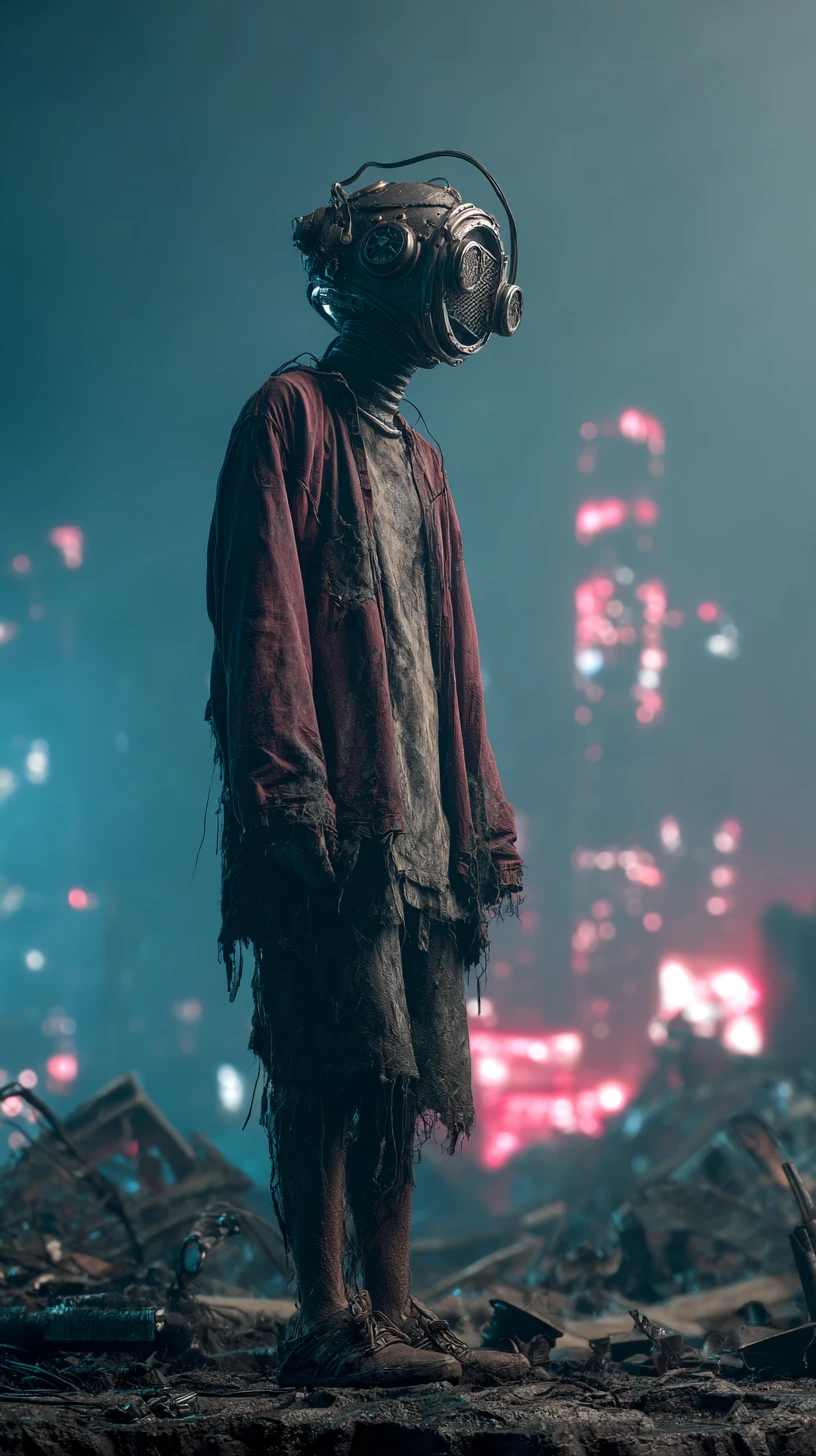 Skinny man in torn clothes in dystopian alien city night