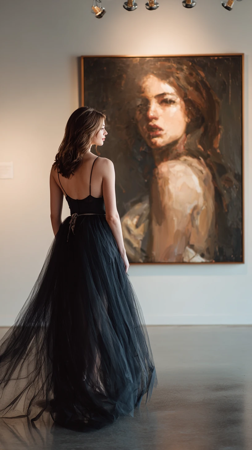 Elegant woman in black dress in modern art gallery