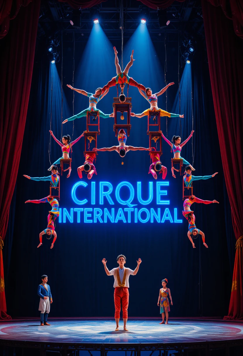 Acróbatas equilibrándose sobre sillas apiladas en un colorido espectáculo de circo