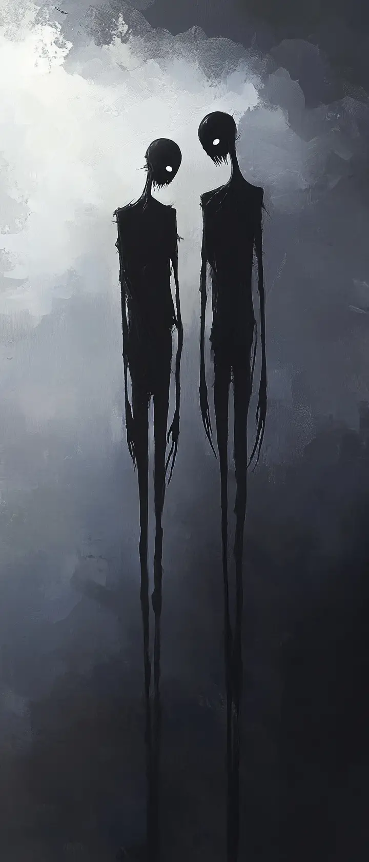 Two distorted anime figures against a stark grey sky
