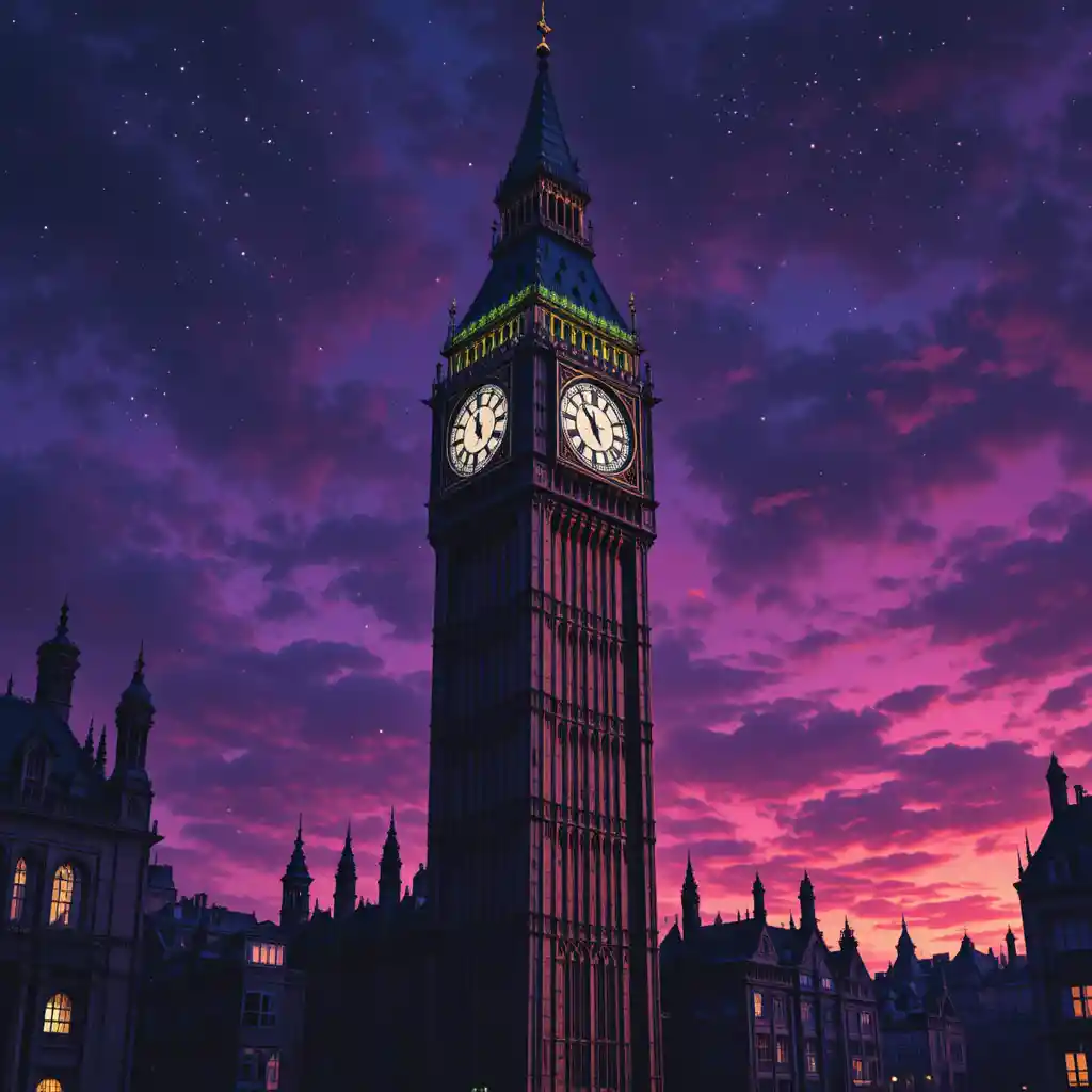 Gothic clock tower above a vibrant dusk city skyline