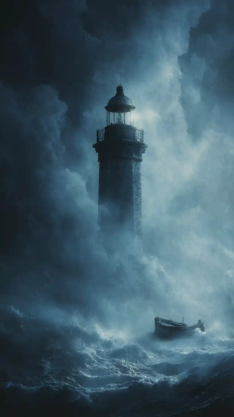 Tugboat Battles Stormy Sea Beside Foreboding Lighthouse