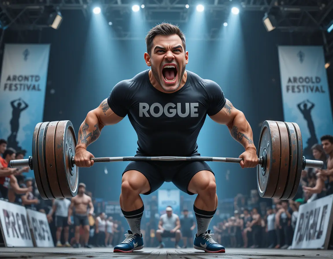 Muscular athlete lifting heavy barbell at strength competition
