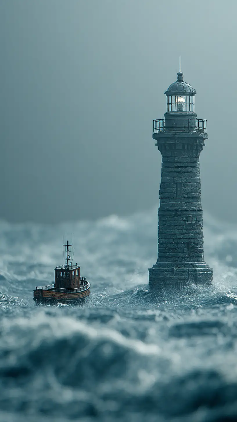 Small tugboat passing a looming lighthouse in stormy seas