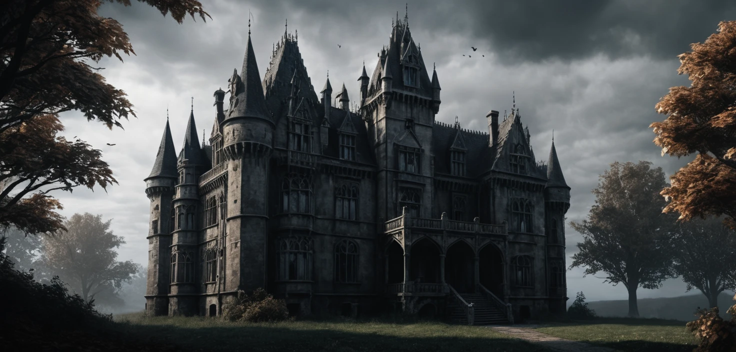 Gothic haunted castle exterior with a woman shadowed window