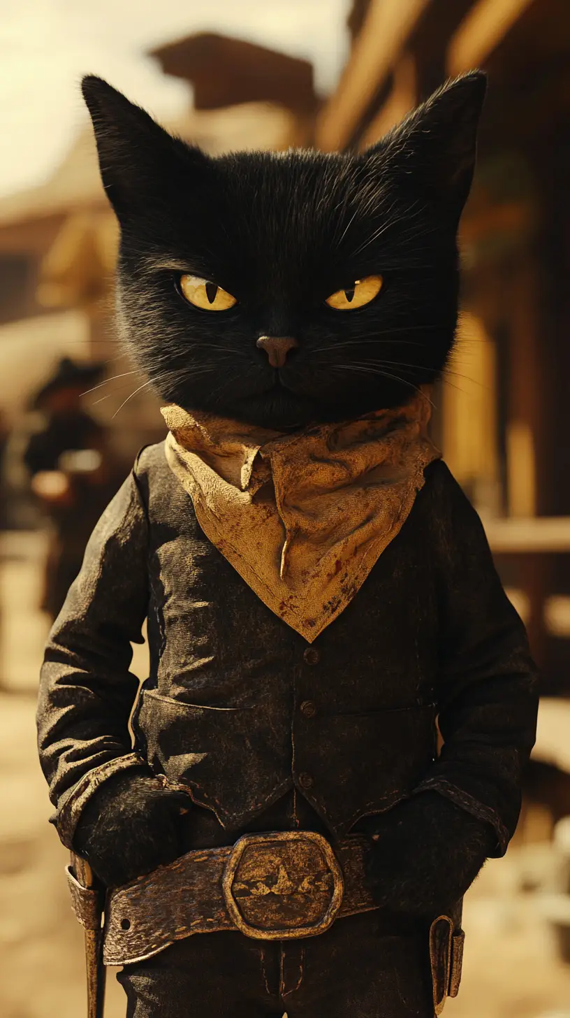 Chat cowboy anthropomorphe en duel dans un saloon du Far West