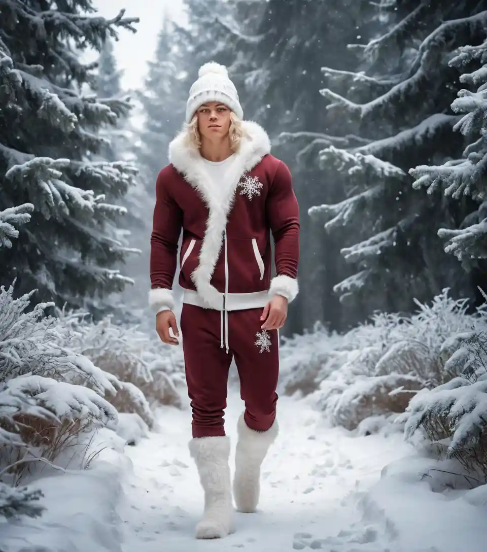 Jeune homme blond marchant dans une forêt d’hiver enneigée