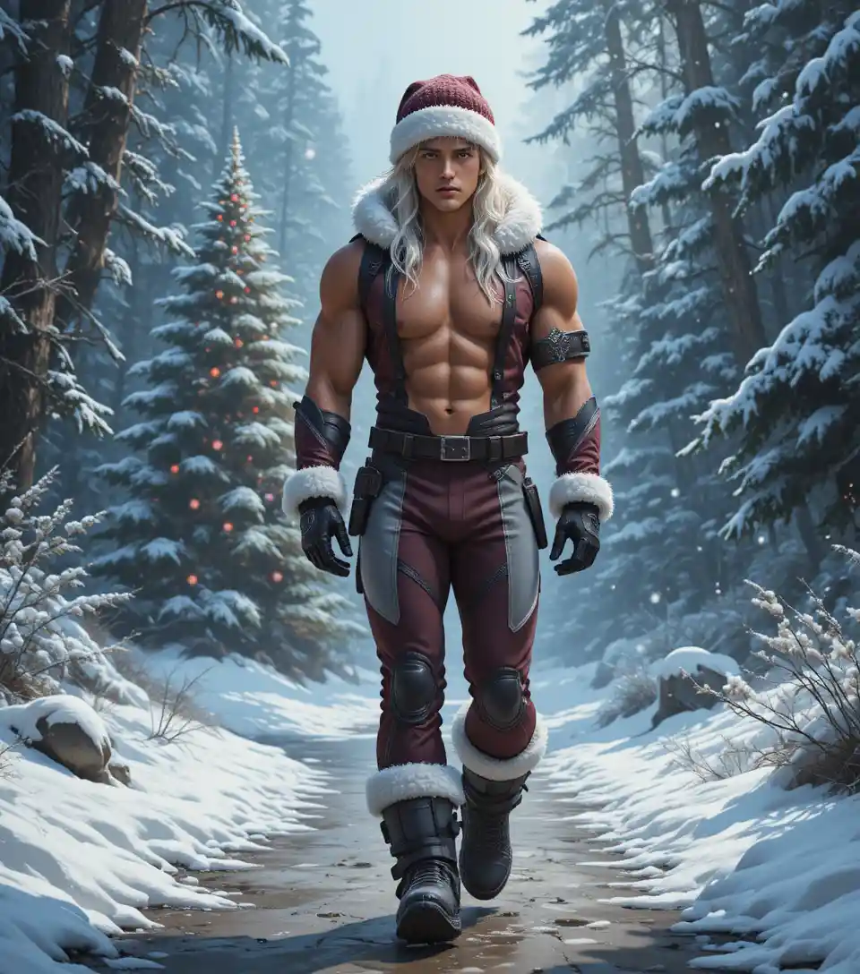 Young blond man walking in a snowy winter forest