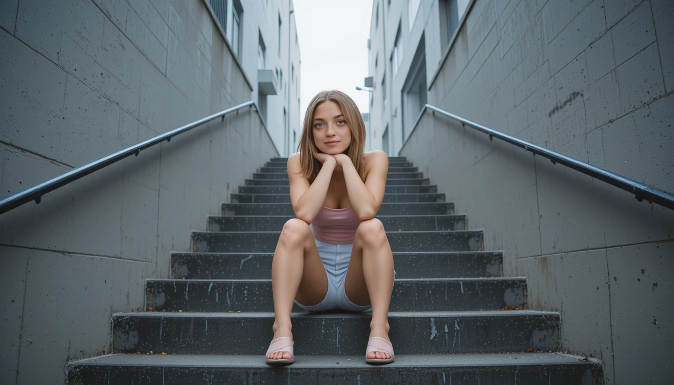Thoughtful young girl sitting on urban concrete stairs