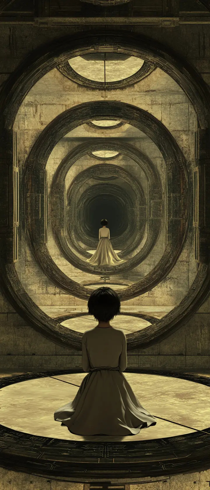 Child in antique gown surrounded by shifting mirror reflections