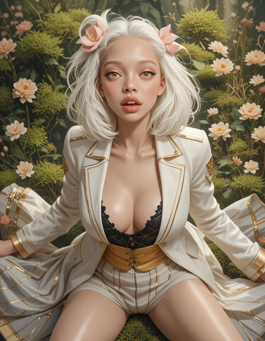 害羞的動漫女子在長滿青苔的花床上擺姿勢