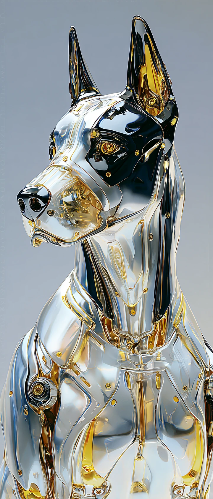 Portrait futuriste de loup androïde en chrome et verre