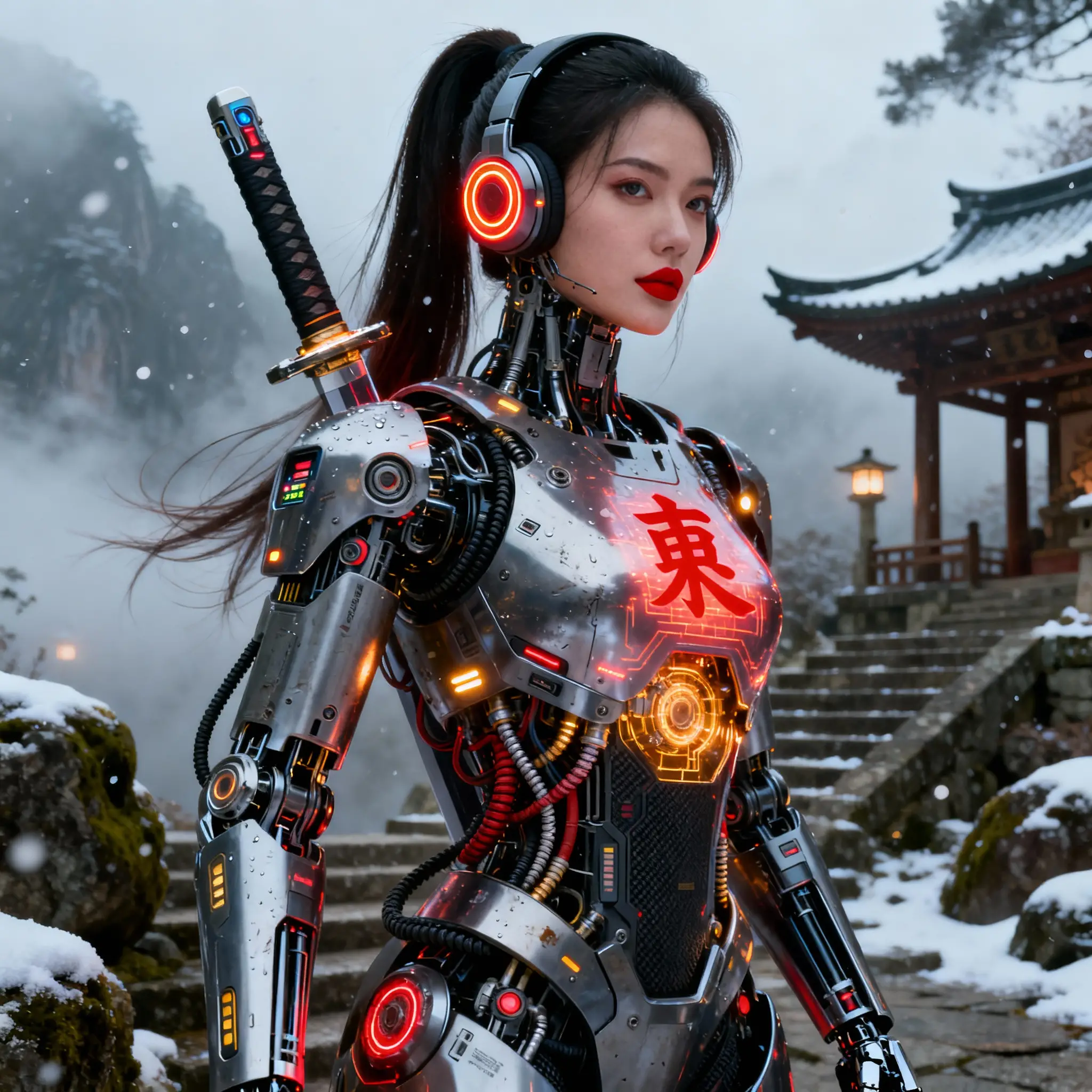 Futuristic android warrior in a misty mountain shrine