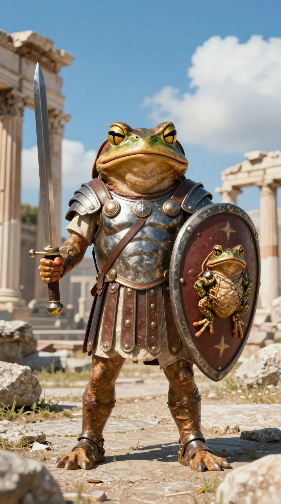 Armored toad warrior standing in front of ancient roman ruins