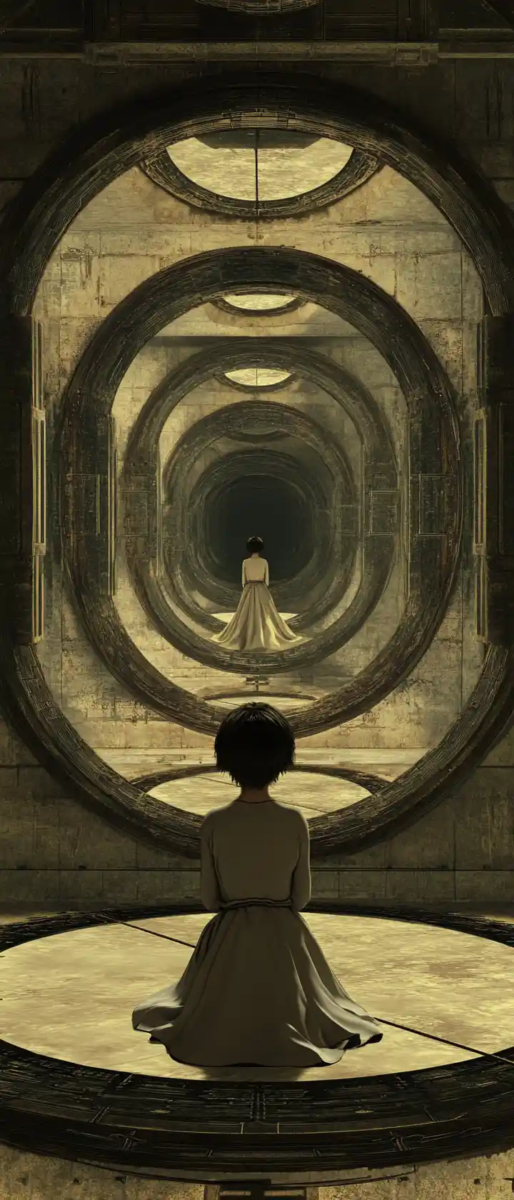 Child in antique gown surrounded by shifting mirror reflections