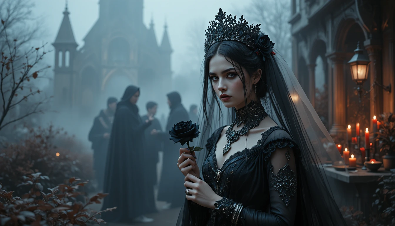 Gothic bride in black wedding dress among foggy dried garden