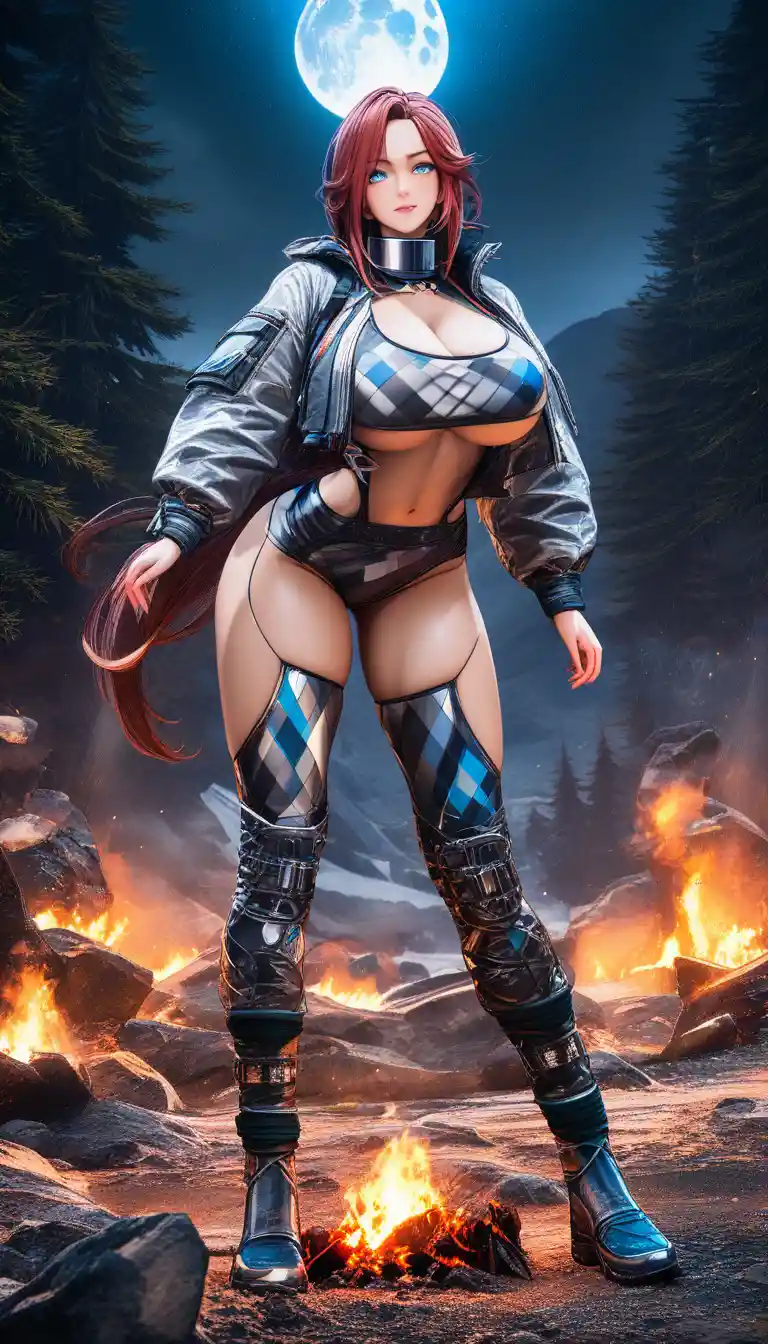 Artemis inspired huntress with bow by a moonlit campfire