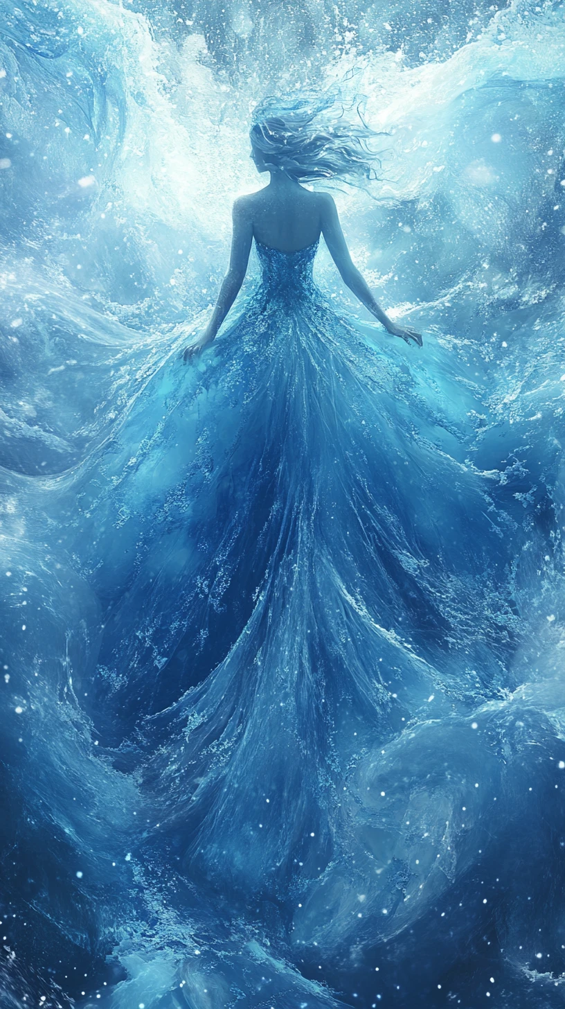 Femme élégante flottant dans une scène magique de neige hivernale