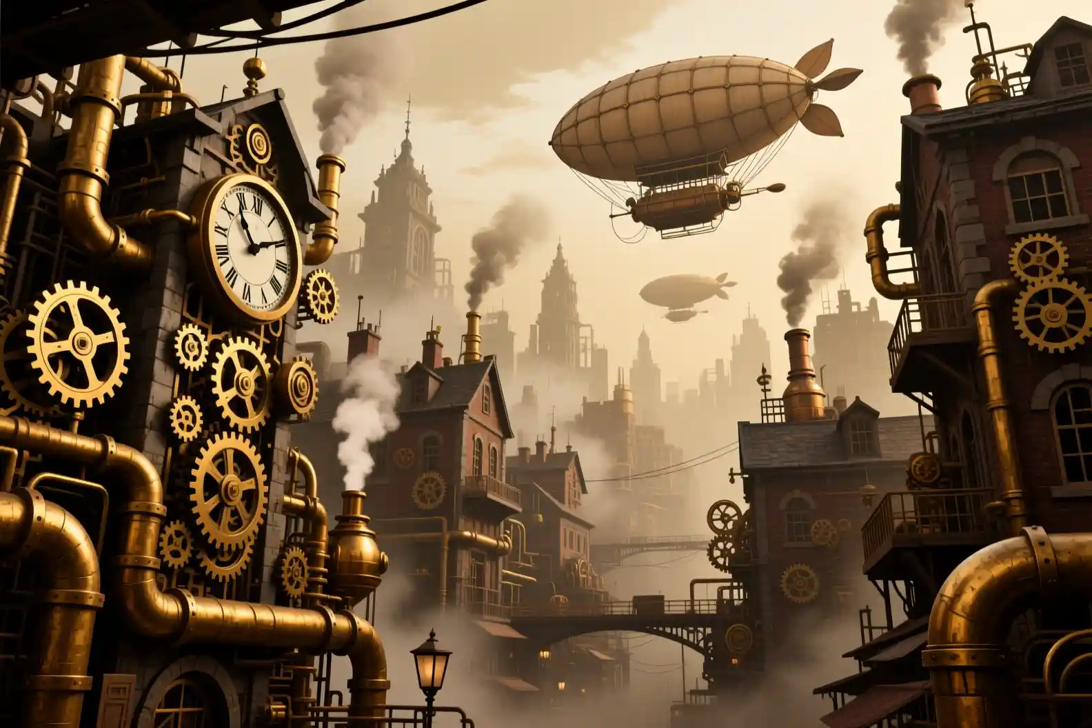 Gritty Steampunk City With Airships In A Sepia Sky