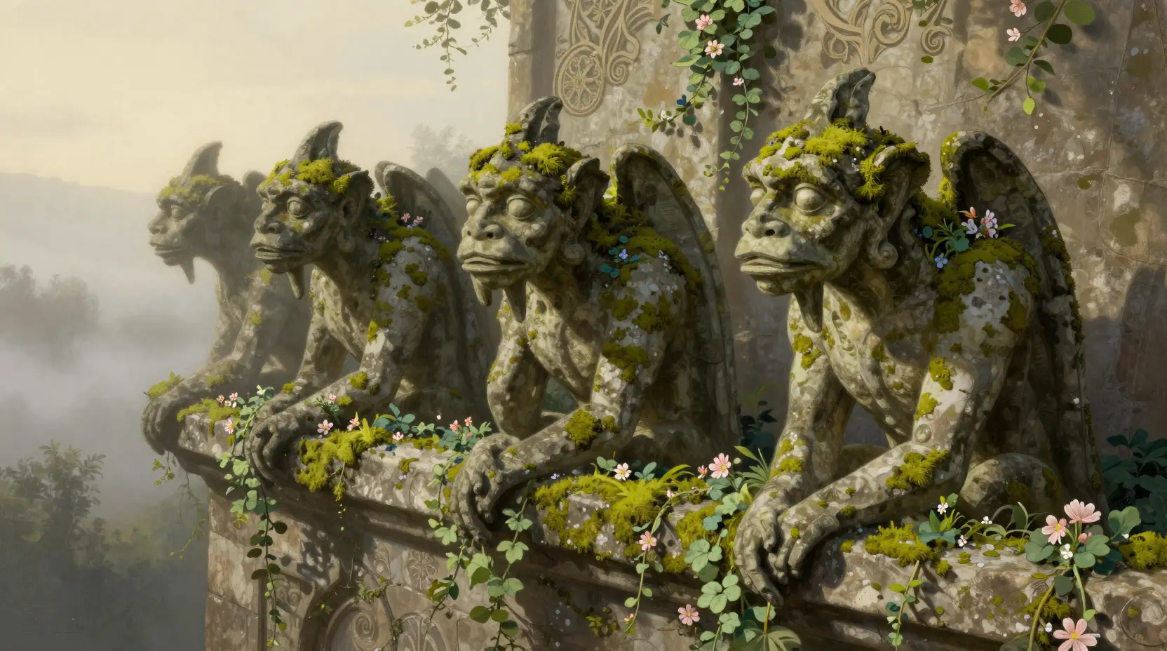 Ancient stone gargoyles overlooking a misty dawn valley
