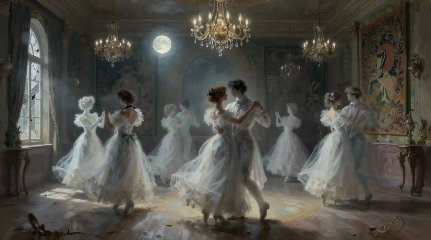 Ghostly victorian dancers waltz in a ruined moonlit ballroom