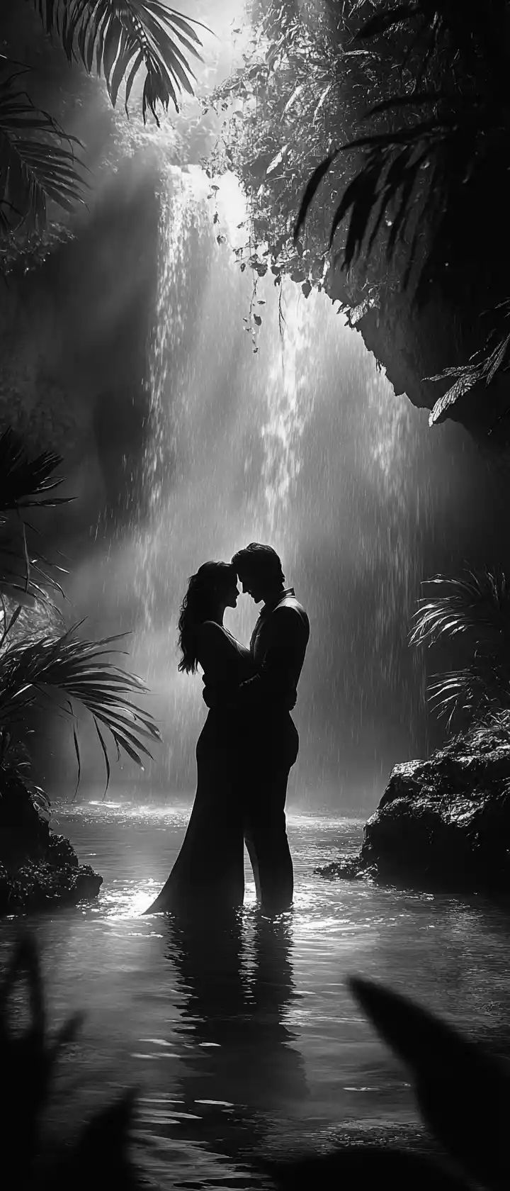 Coppia romantica che si abbraccia sotto una cascata avvolta dalla foschia al crepuscolo
