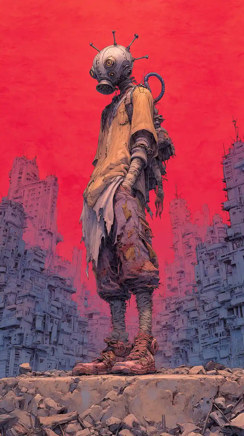 Skinny Man In Alien Dystopian City At Night