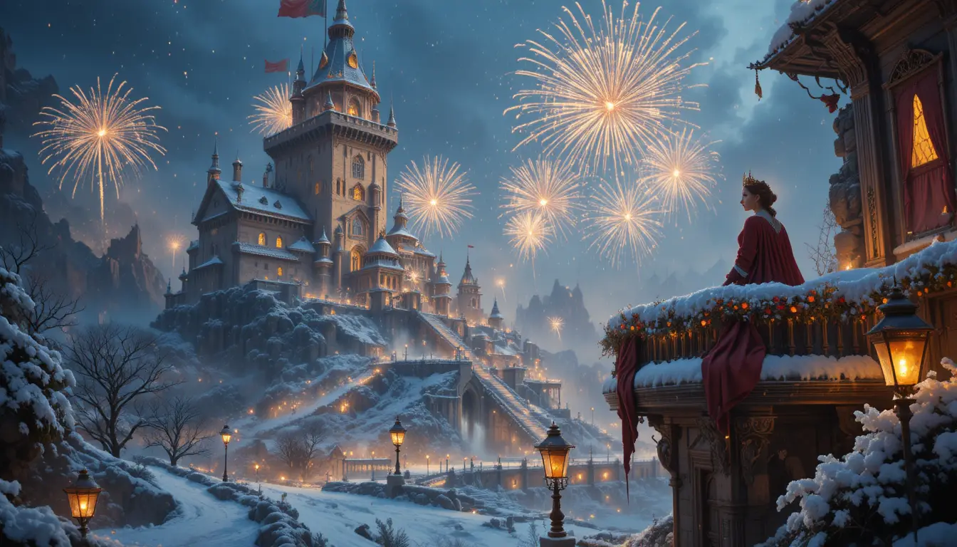 Queen watching fireworks above a glowing winter castle