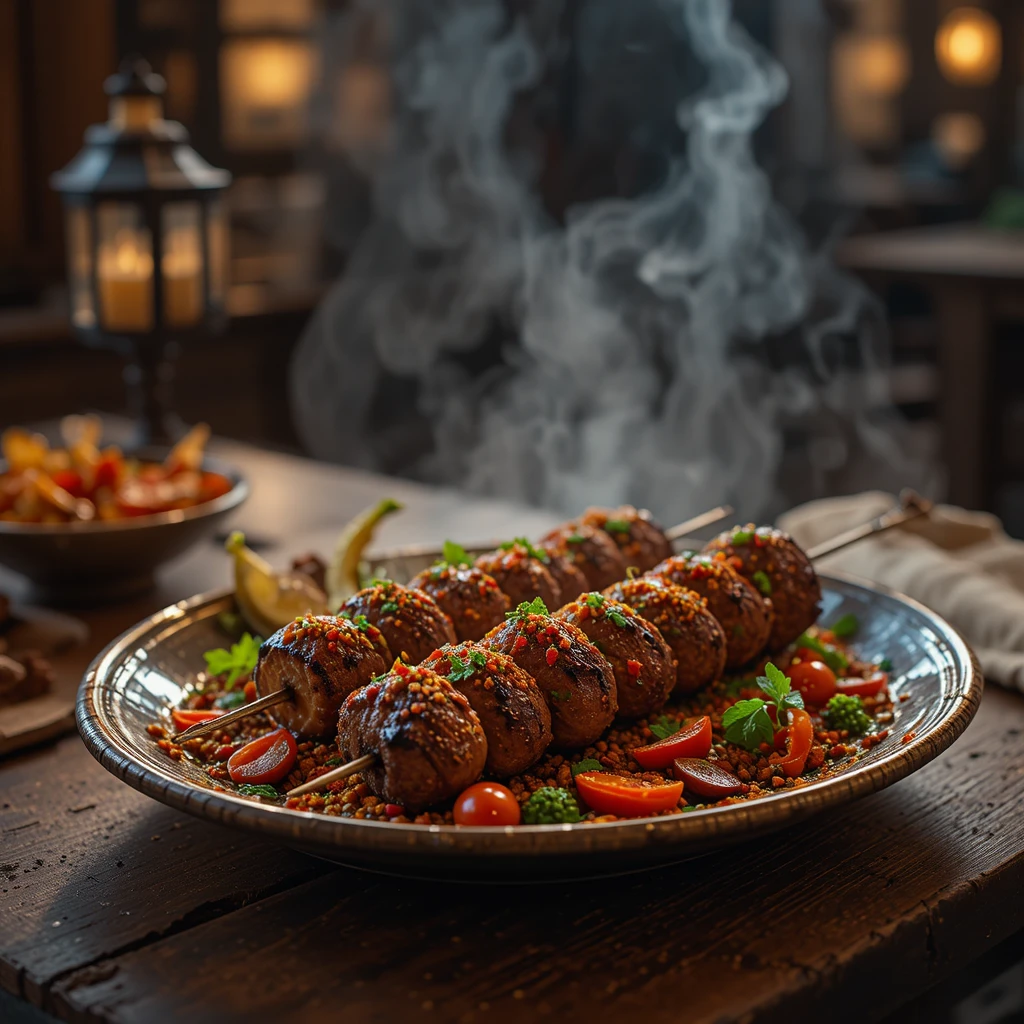 Piatto di kebab dello sceicco su tavolo rustico in legno con luce calda